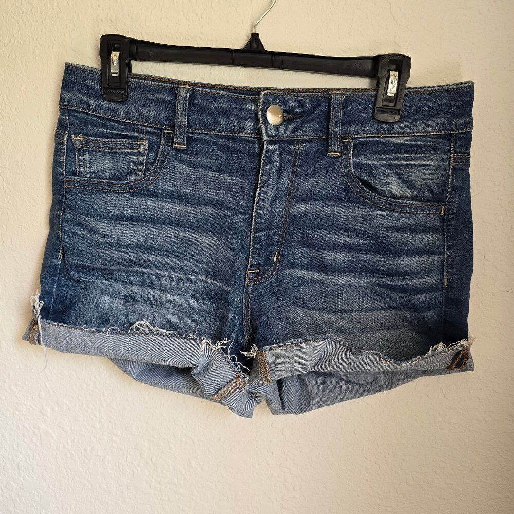 American Eagle Medium Wash High Rise Frayed Hem Denim Shorts Size 10